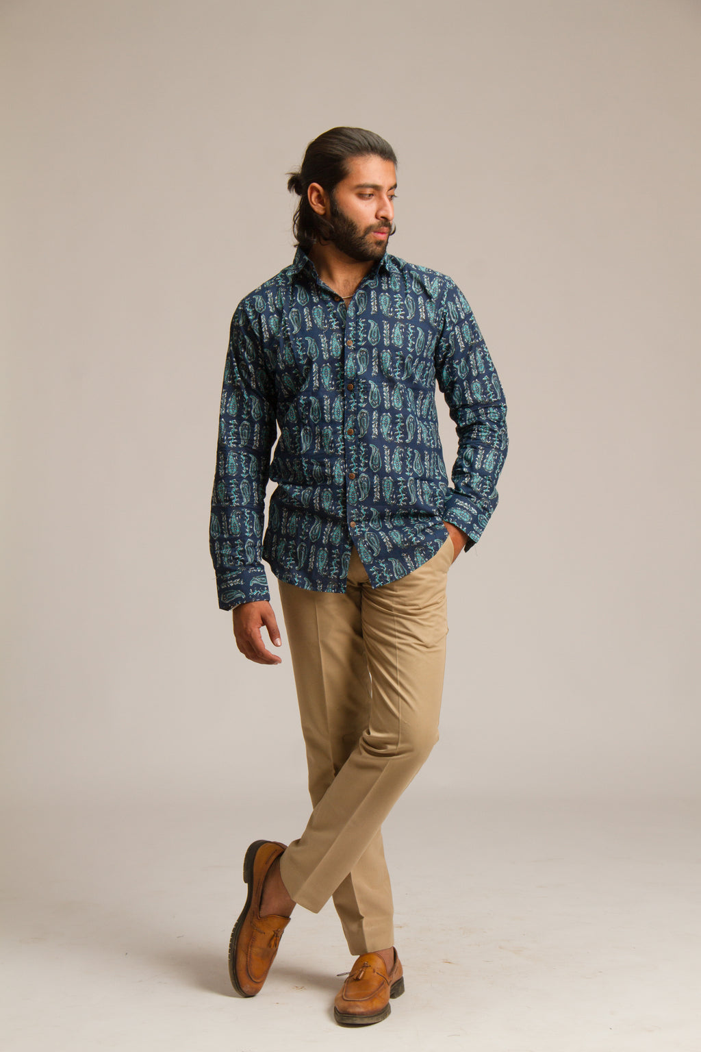 Dark Blue Bagru | Mens Cotton Printed Shirt