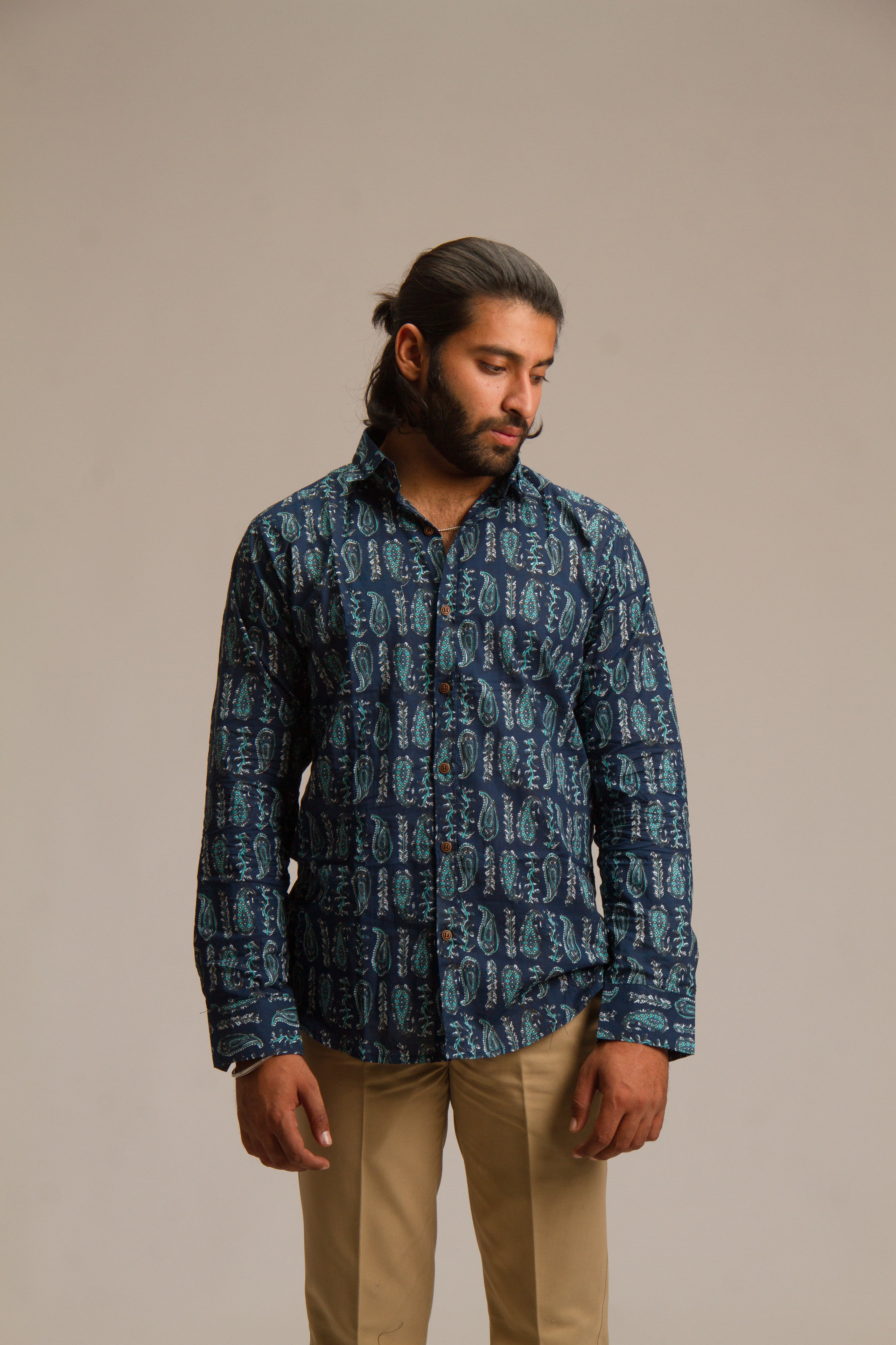 Dark Blue Bagru | Mens Cotton Printed Shirt