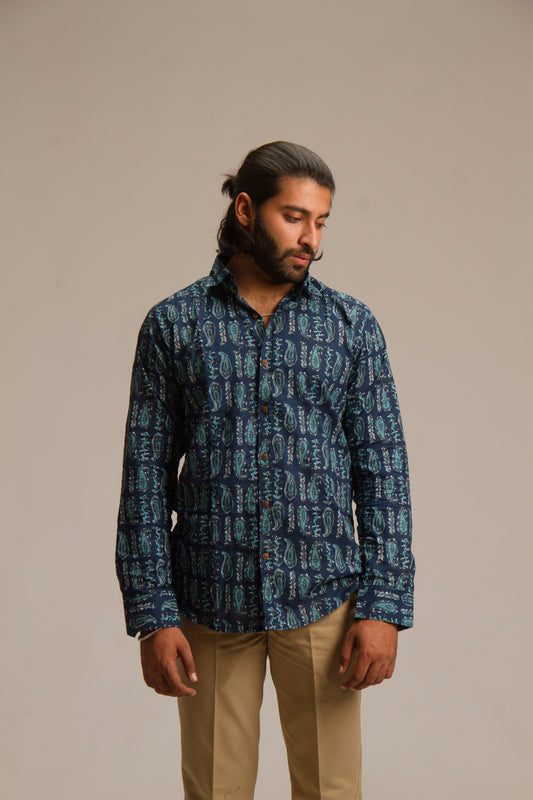 Dark Blue Bagru | Mens Printed Shirt