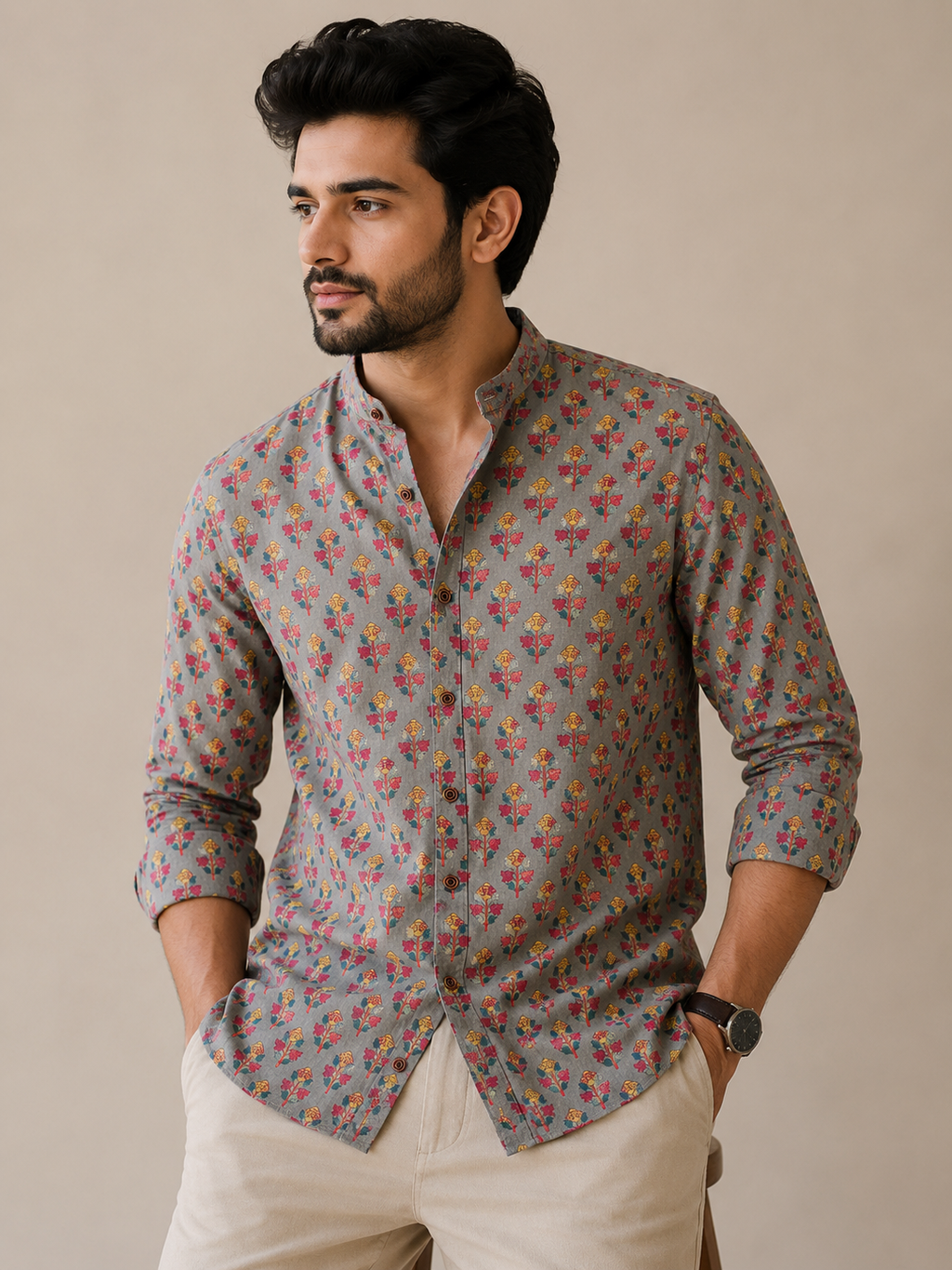Viraah Shirt | Pure Cotton Mandrian Collar Printed Shirts