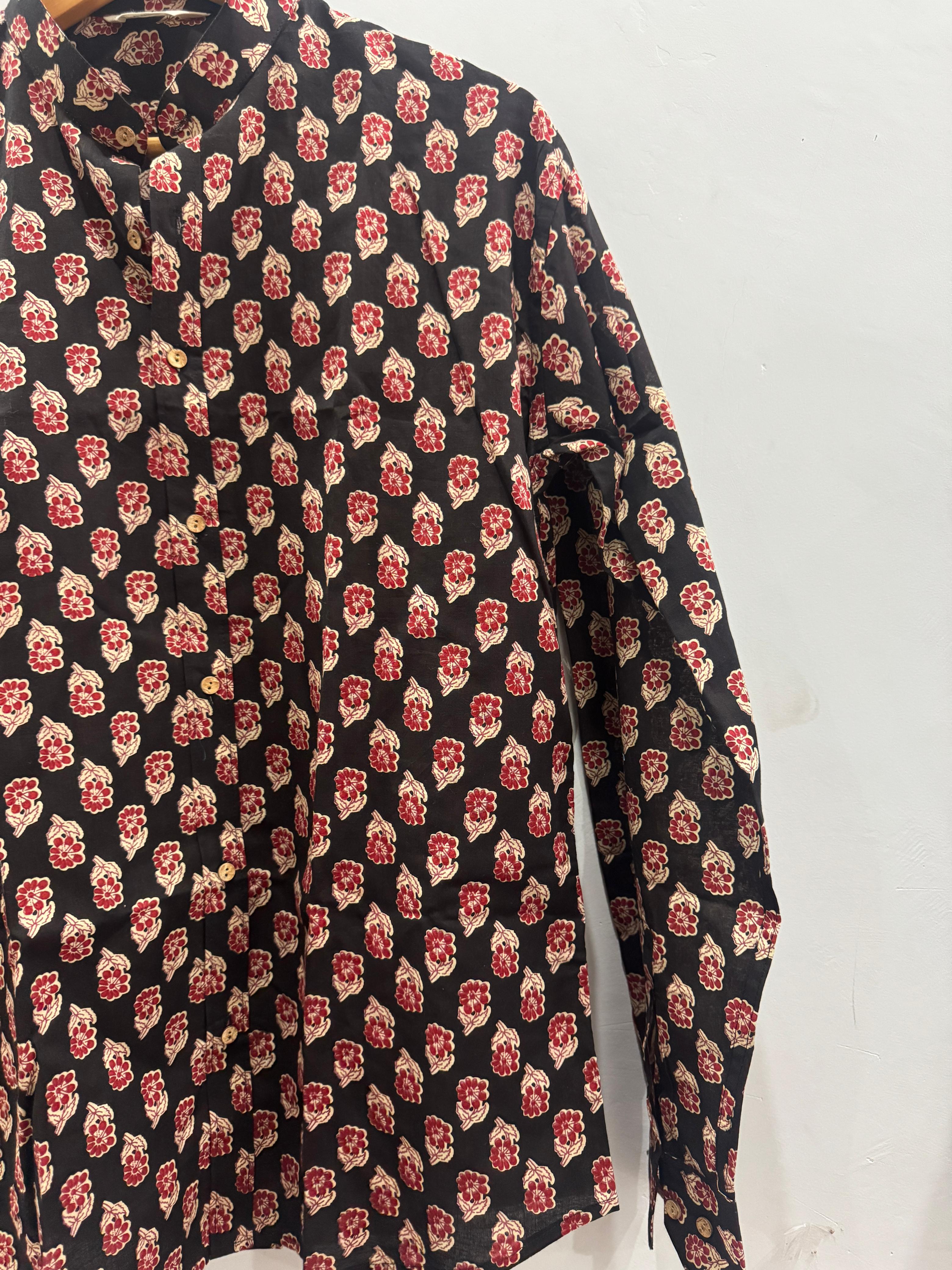 Black Dahila | Mandarin Collar | Handblock Cotton Printed Shirts