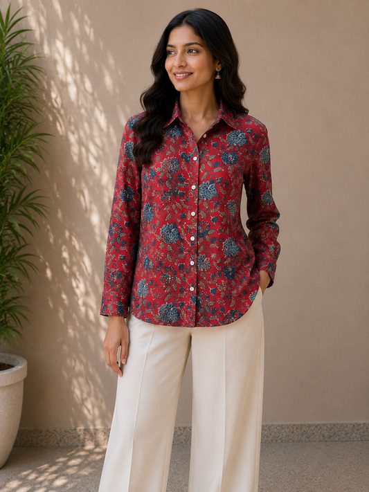 Scarlet Garden Shirt | Women's Pure Cotton Printed Shirts | Straight Fit