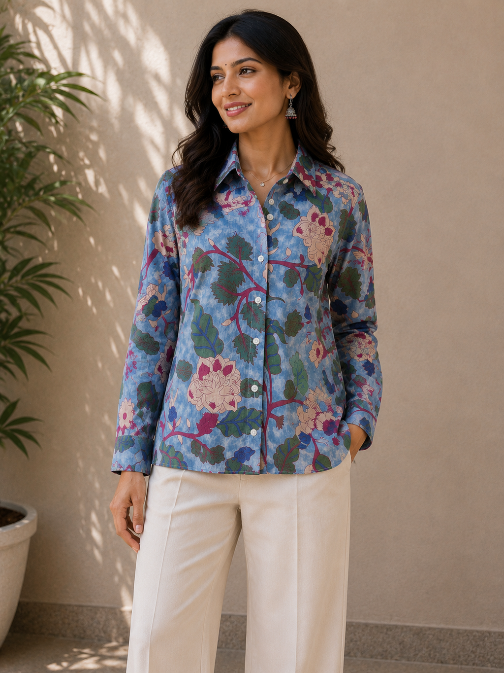 Indigo Flora | Womens Pure Cotton Printed Shirts | Straight Fit