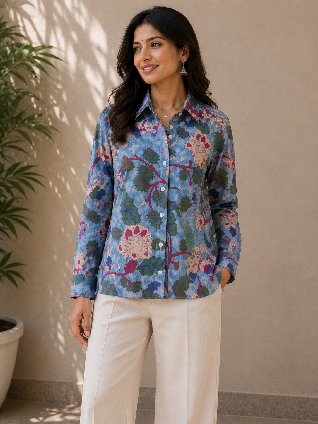 Indigo Flora | Womens Pure Cotton Printed Shirts | Straight Fit