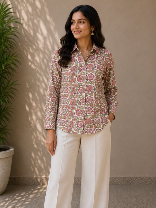 Blush Paisley Shirt | Women's Pure Cotton Printed Shirts | Straight Fit